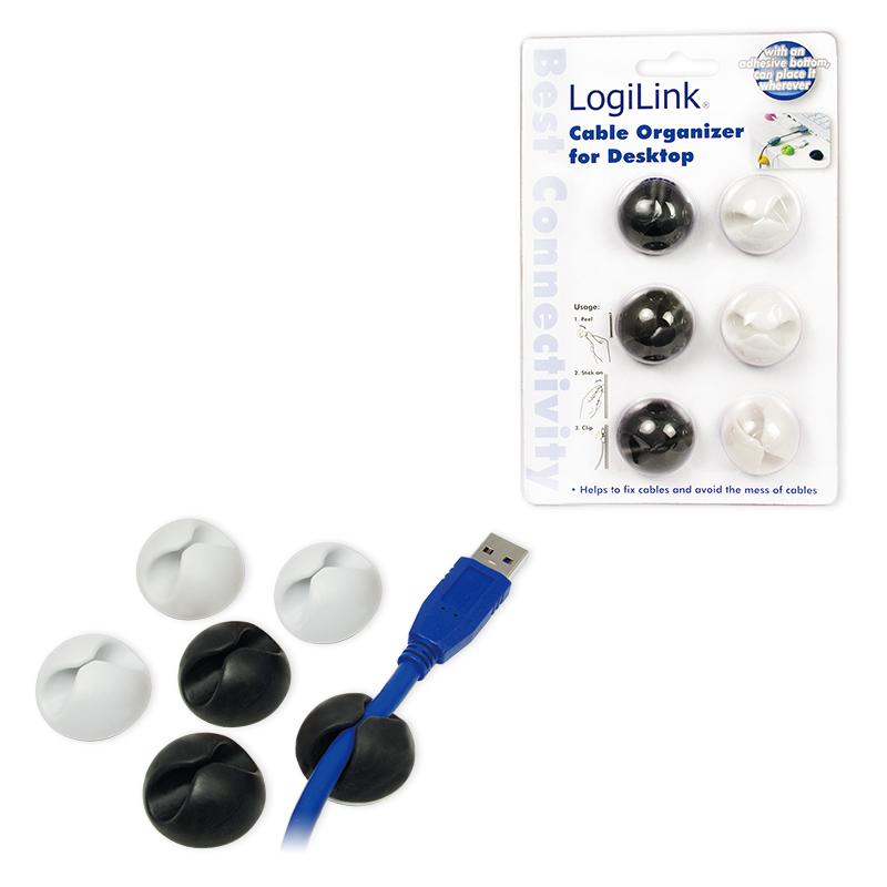 LogiLink cable organizer self-adhesive holder set of 6 black and white