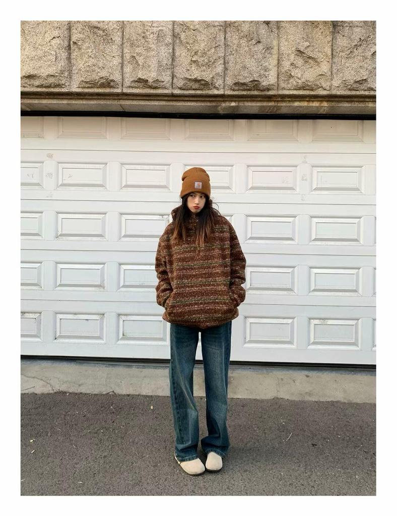 Men's Oversized Japanese Retro Striped Woolen Half-Zip Hoodie Sweater for Autumn/Winter