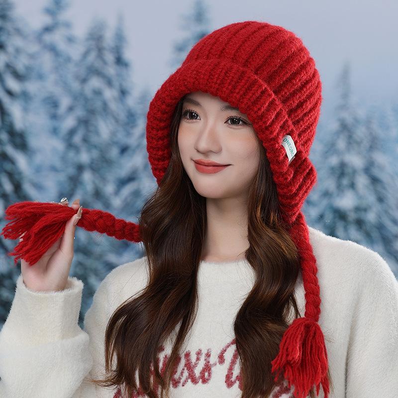 Red balaclava hat women's autumn and winter warm ear protection knitted wool hat showing a small face and cold-proof bag head hat