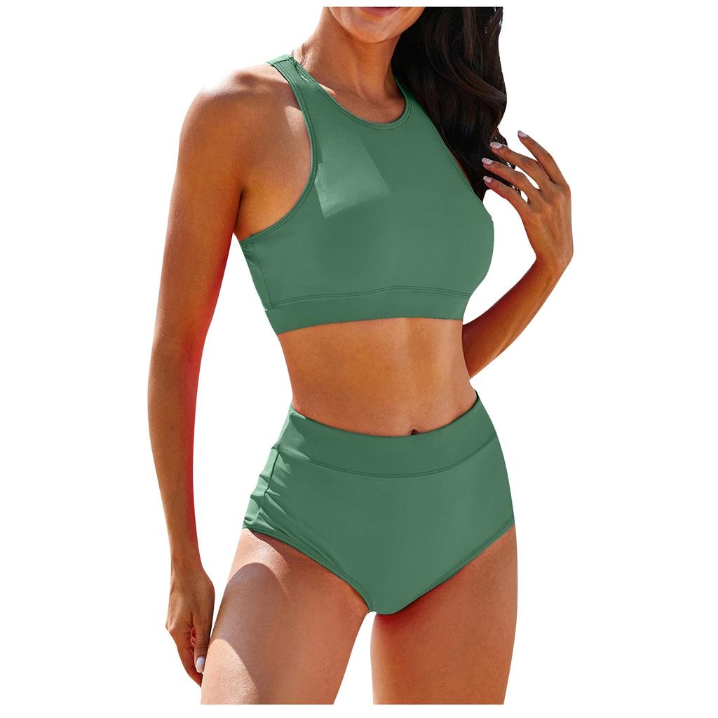 Women's Solid Color Tank Top Swimsuit Ladies Split High Waist Swimsuit Two-Piece Set