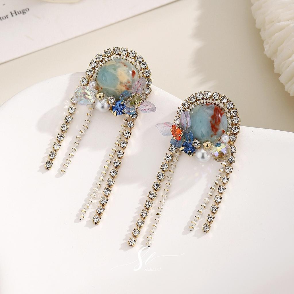Retro turquoise fringed earrings Korean new full diamond long thin earrings temperament exaggerated ear jewelry 911 silver