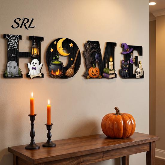 Ghost Pumpkin Door Decor Halloween HOME Letter Wall Hanging Ornament, Wooden Festive with Skull Party Supplies Black Cat Bat Elements for Front