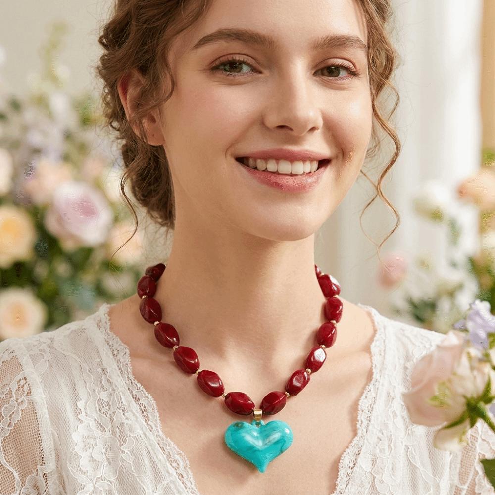 Colorful Heart Pendant Necklace Multi-Color Statement Jewelry Unique Bead Choker Vacation Wear