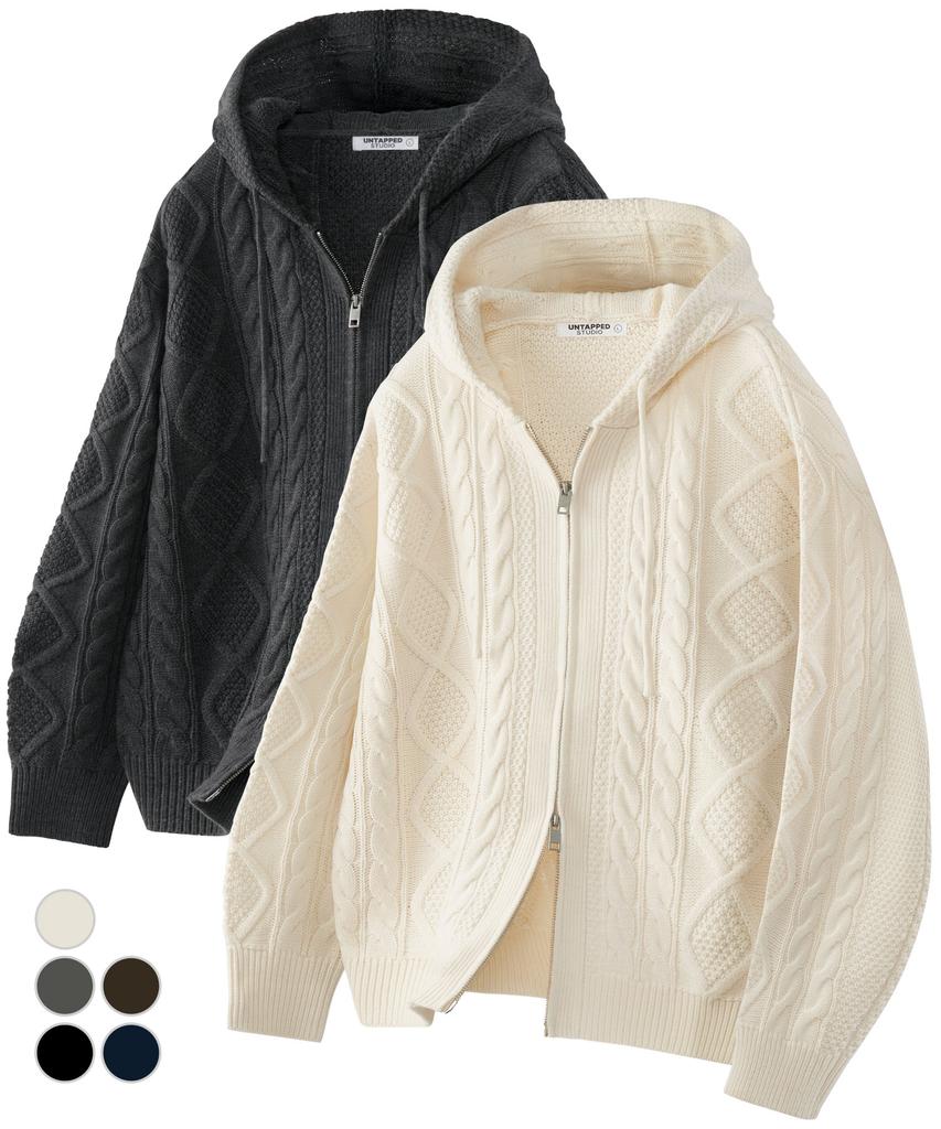 UNTAPPED STUDIO Oversized 2-Way Aran Cable Knit Zip-Up Hoodie 5 Colors