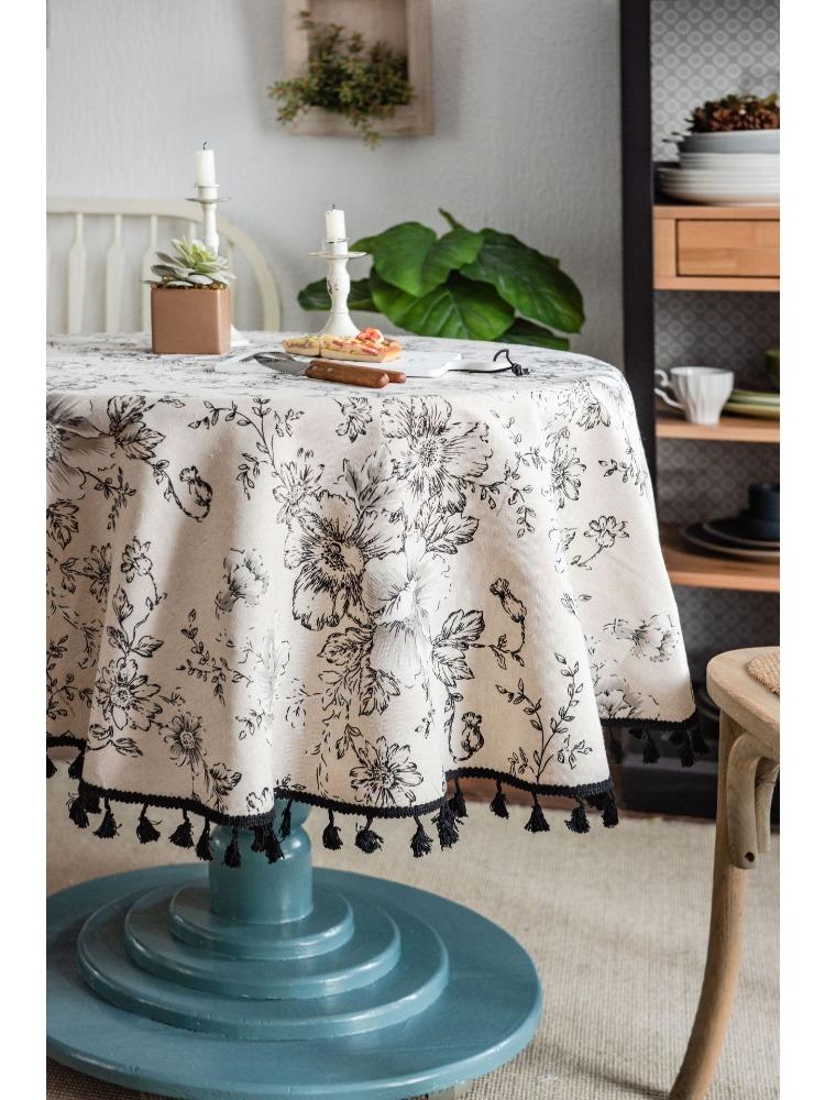 French Vintage Floral Print Tablecloth with Tassels - Black and White Rose Design, Round Cover for Dining Room or Kitchen Decor