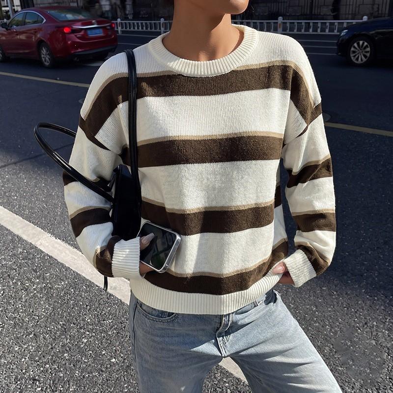 Womens Oversized Relaxed Fit Retro Striped Knit Sweater Fall Winter 2026 Long Sleeve Drop Shoulder Crew Neck