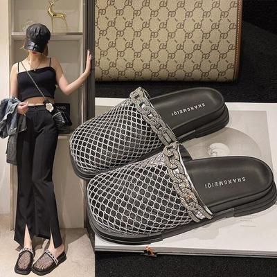 Роскошные модные полые сетчатые плетеные полутапочки римские сандалии новые модные женские тапочки с круглым носком и плоским носком