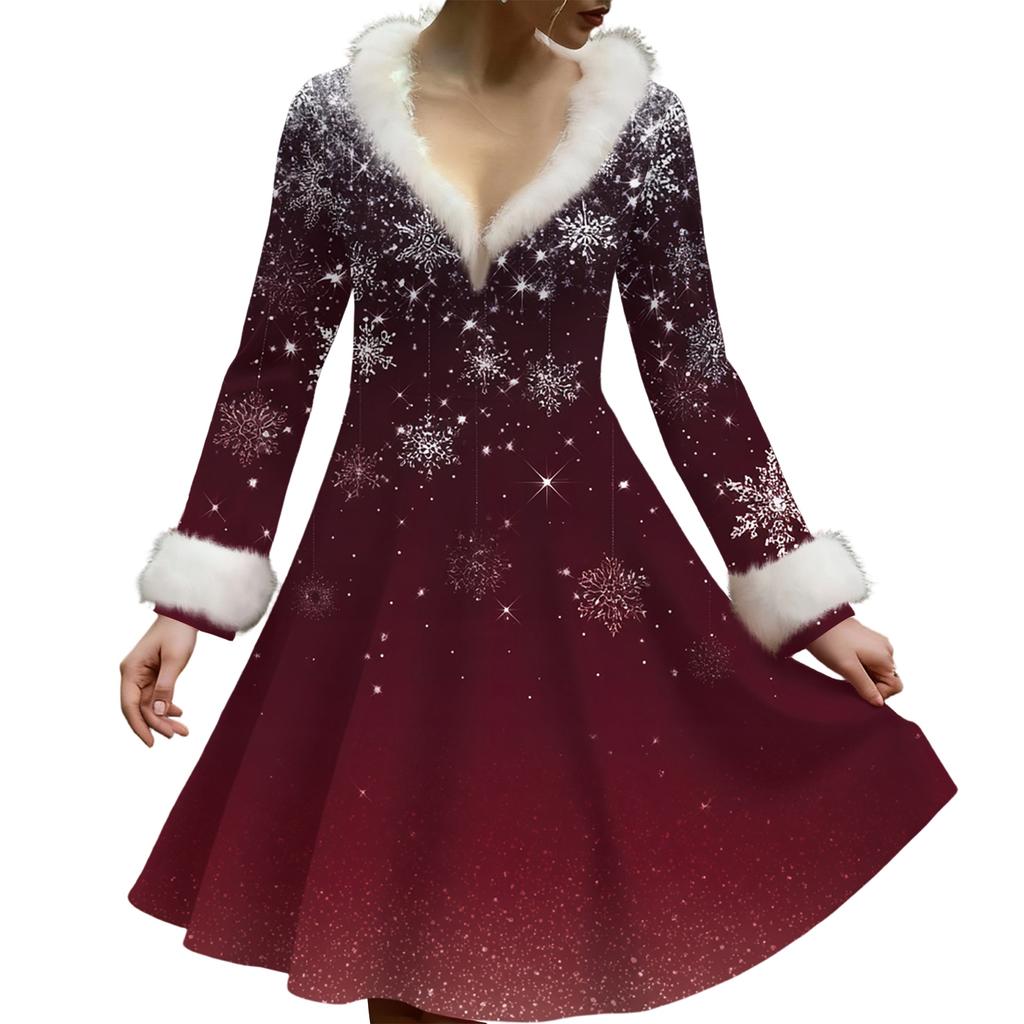 Женское повседневное платье с V-образным вырезом, рождественским принтом, плюшевыми длинными рукавами