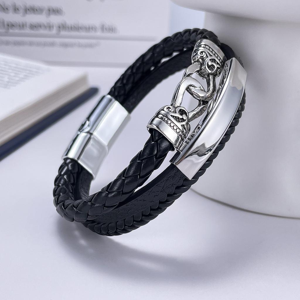 Stainless Steel Interlocking Personalized Woven Multi -Layer Leather Bracelet For Men