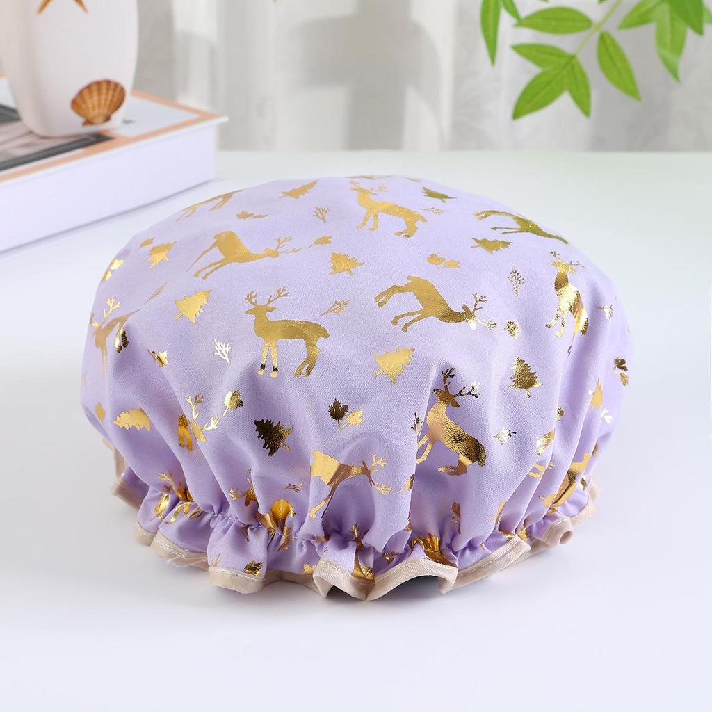 Двухслойная шапочка для душа Водонепроницаемая шапочка для волос Полиэстер-хлопок с принтом и золотым тиснением Шапочка для душа PEVA Женский стиль для купания и принятия ванны