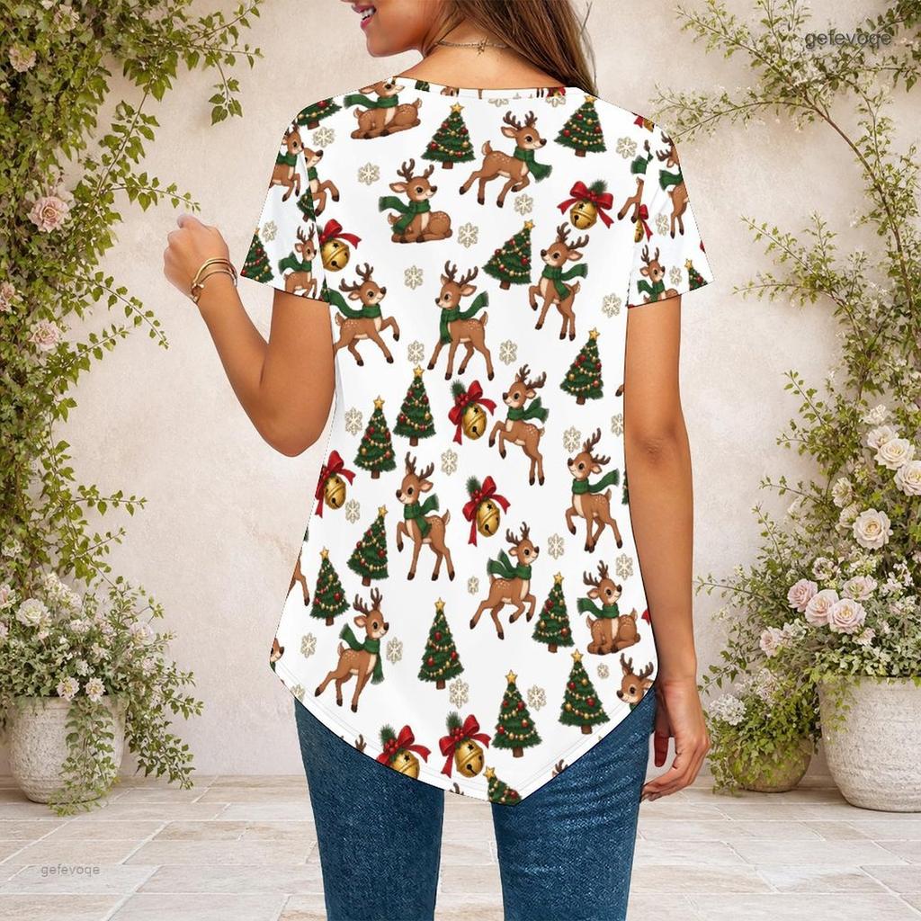 Women Plus Size Round Neck Short Sleeve Pointed Hem Shirt Christmas Nutcracker Print White