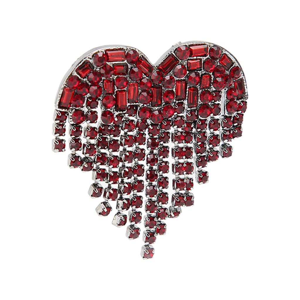 Heart Shaped Tassel Brooch Shiny Alloy Red Rhinestones Brooch Pin Jewelry for Dancing Party Dating