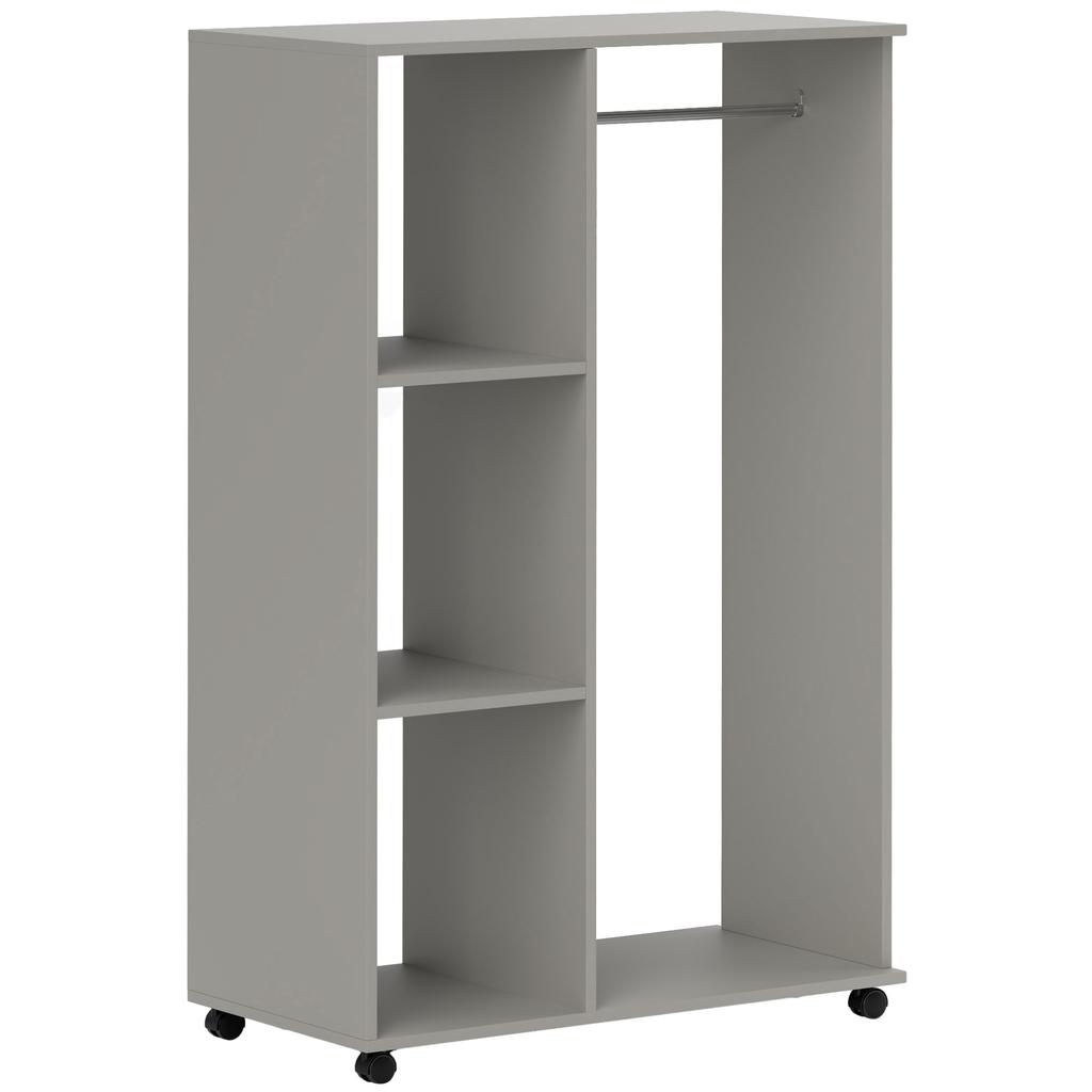 Open Wardrobe on Wheels, Bedroom Wardrobe with Clothes Hanging Rail, 3 Storage Shelves, Mobile Garment Rack for Cloakroom, Hallway, Grey