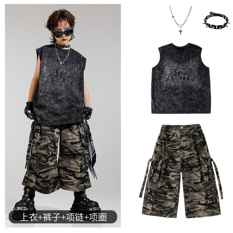 Kids Hip Hop Breakdance Outfit Set Boys Girls Sleeveless Rhinestone Vest Camo Shorts Performance Costume