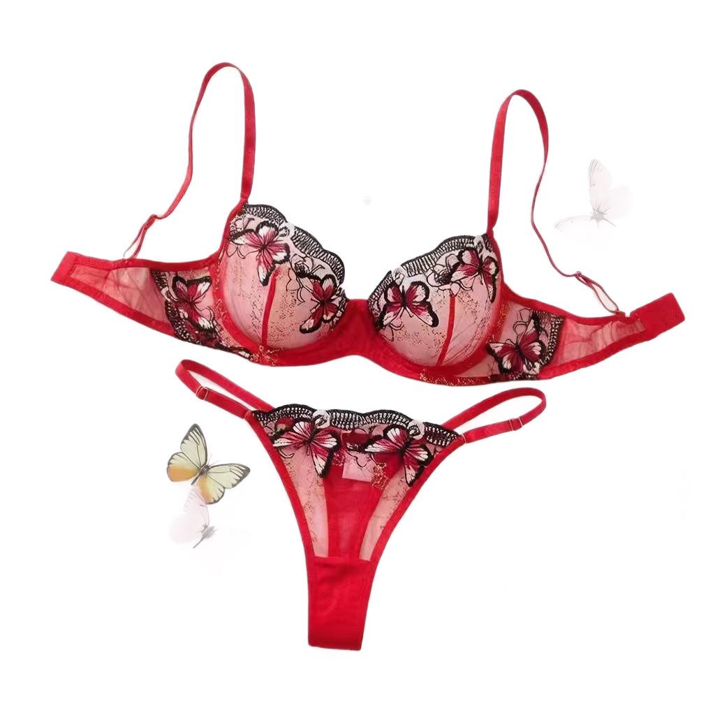 Red butterfly embroidered perspective lace erotic underwear set, women's gathering bra thong two-piece set