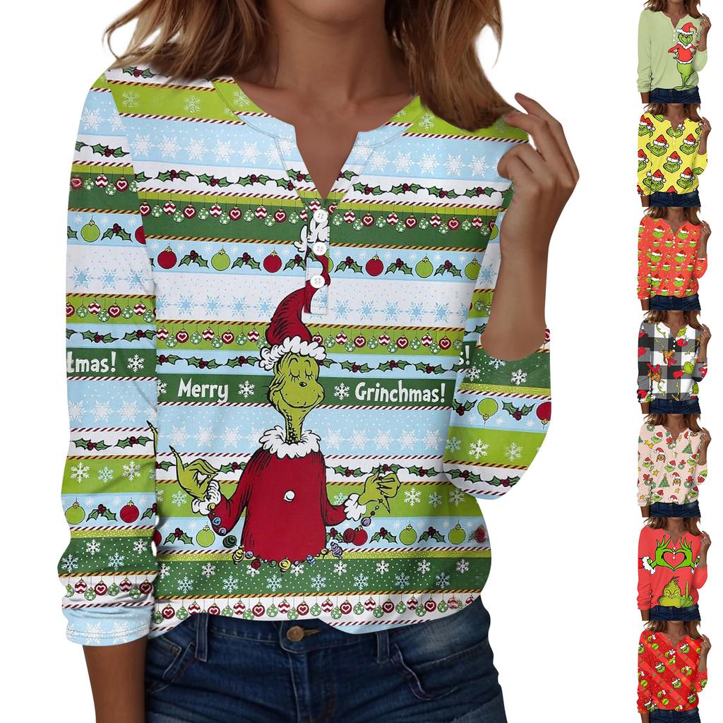 Women's Fashion Casual V-Neck Long Sleeve Decorative Button Christmas Print Top