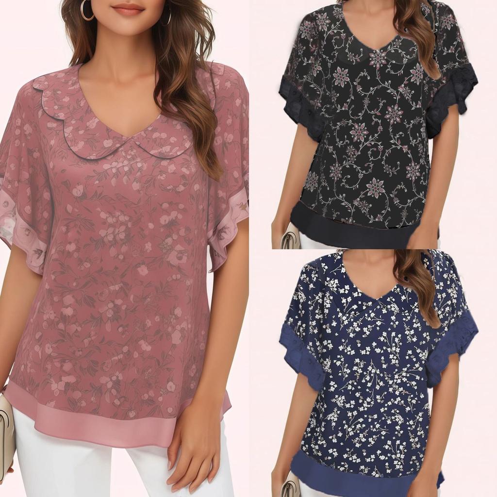 Women's Fungus Round Neck Ultra-thin Chiffon Printed Short-sleeved T-shirt