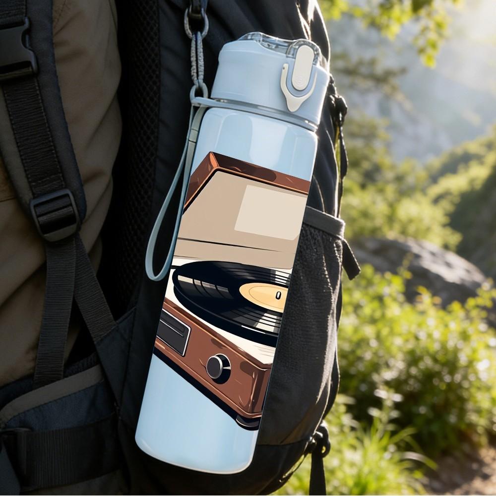 1PC Vintage Vinyl Record Turntable Print 750ml Color Plastic Sports Water Bottle Leakproof Flip Straw Lid Suitable for Sports Office Home Use