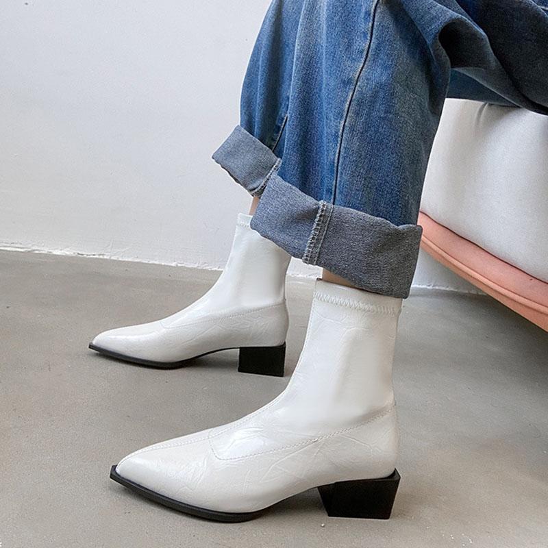 Pointed Women Ankle Boots Back Zipper Thick Heel Botas Black Patent Leather Shiny High Heel Short Boots Casual Botines Chelsea