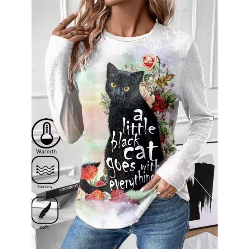 Women's T Shirt 3D Print Cat Butterfly Colorful Design Long Sleeve Daily Weekend Fashion Round Neck Regular Fit