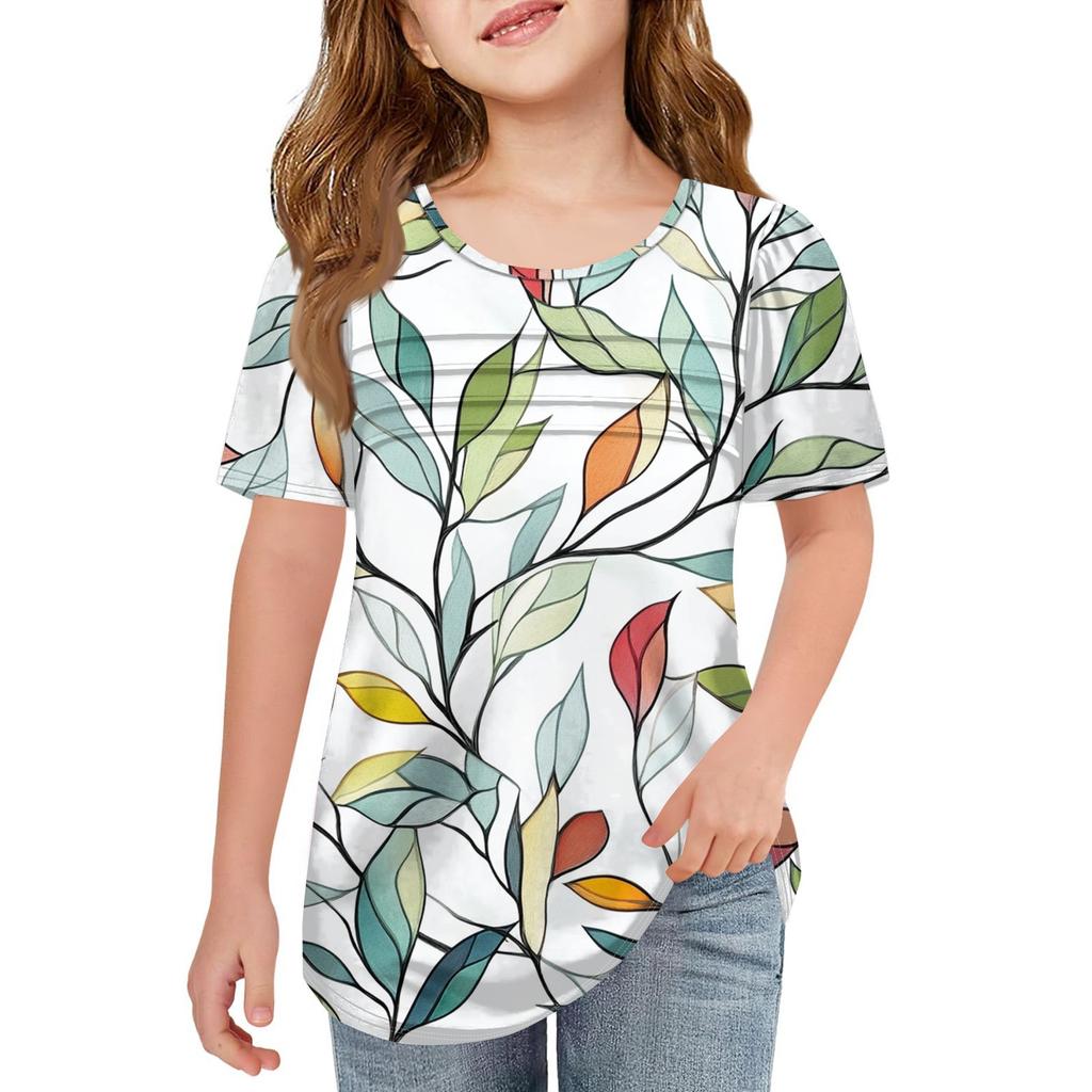 Детские футболки-складки, летние футболки с короткими рукавами и круглым воротником, с принтом цветов, пальто для отдыха