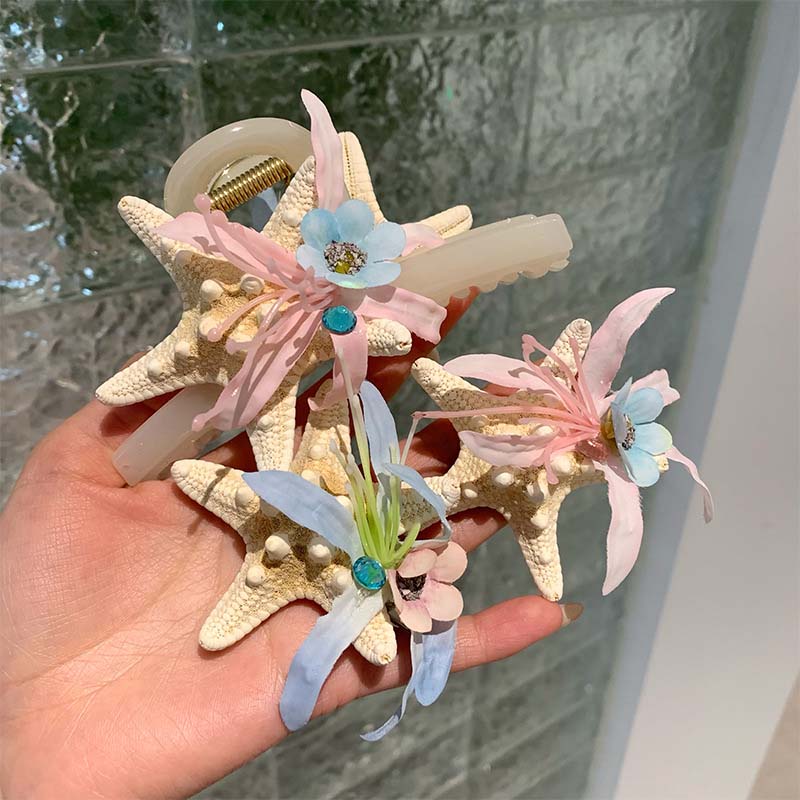 2025 New Korean Blue Ocean Starfish Shell Flower Hair Claw Hairpins For Women Cute Big Flower Hair Clip Beach Hair Accessories