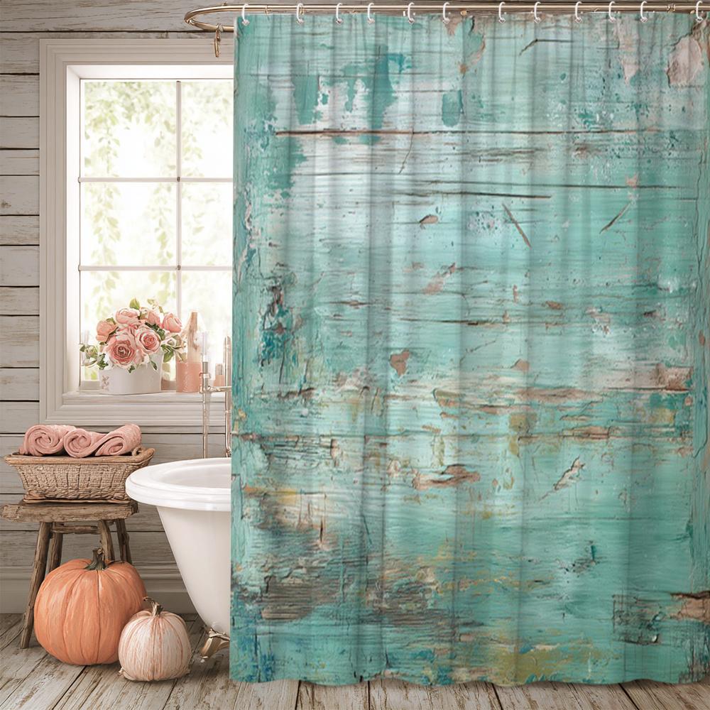 Polyester Shabby Chic Distressed Aqua Wood Grain Shower Curtain Waterproof Bathroom Home Decor Tapestry