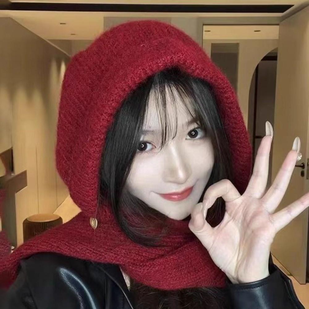 Solid Color Hooded Hat Warm One-Piece Scarf Cap Fashion Knitted Winter Balaclava  Outdoor