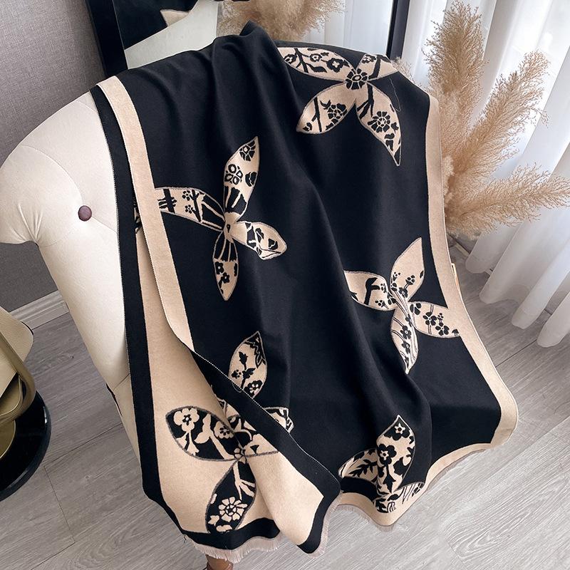 Double-Sided Flower Print Scarf Femininity Thickened High-End Warm Office Shawl Cape