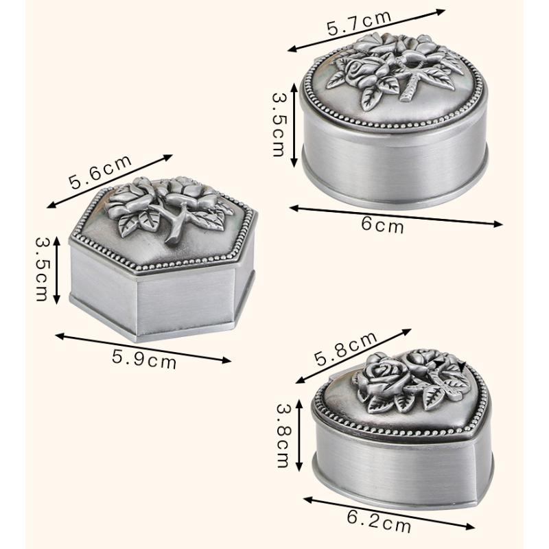 Vintage Antique Tin Rose Embossed Mini Jewelry Box Zinc Alloy Velvet Lined Ring Earring Trinket Storage Case Wedding Gift