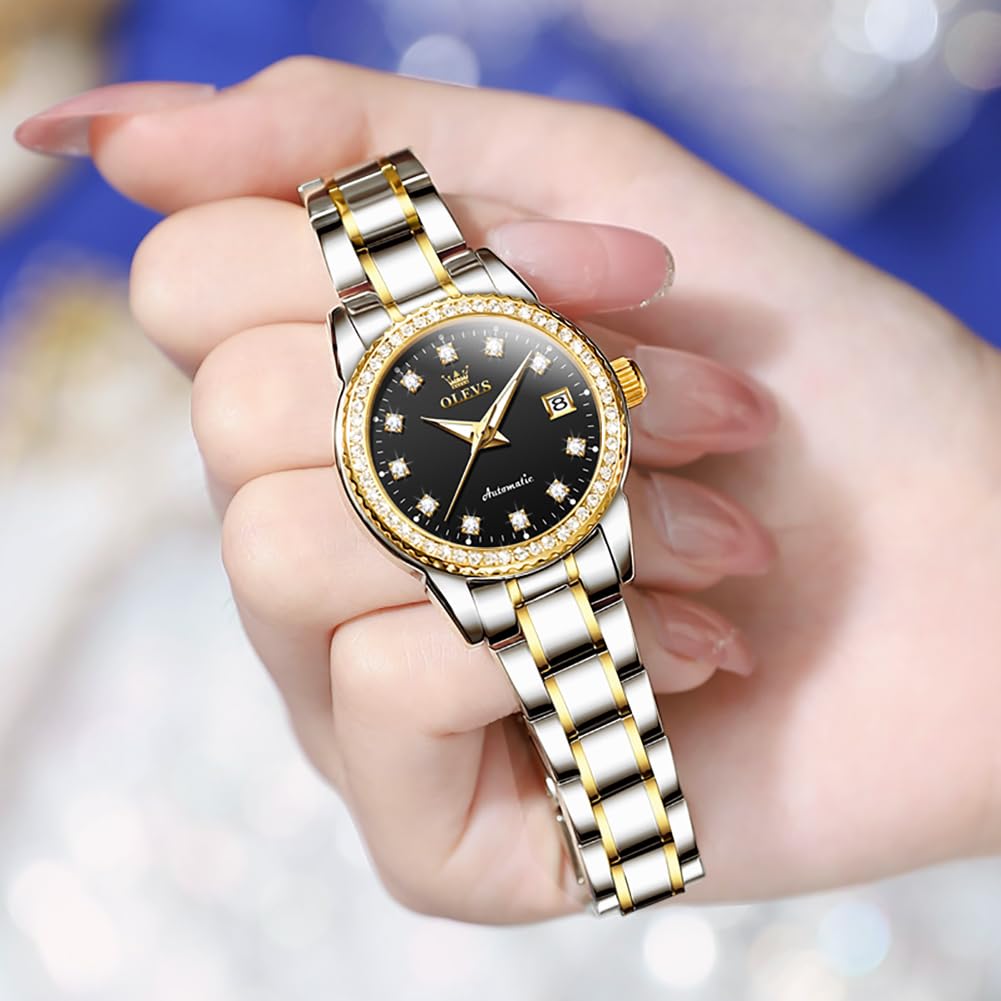 Женские механические часы OLEVS, автоматические, симпатичные, женские часы, водонепроницаемые, сияющие, с бриллиантами, женские часы с датой, черные