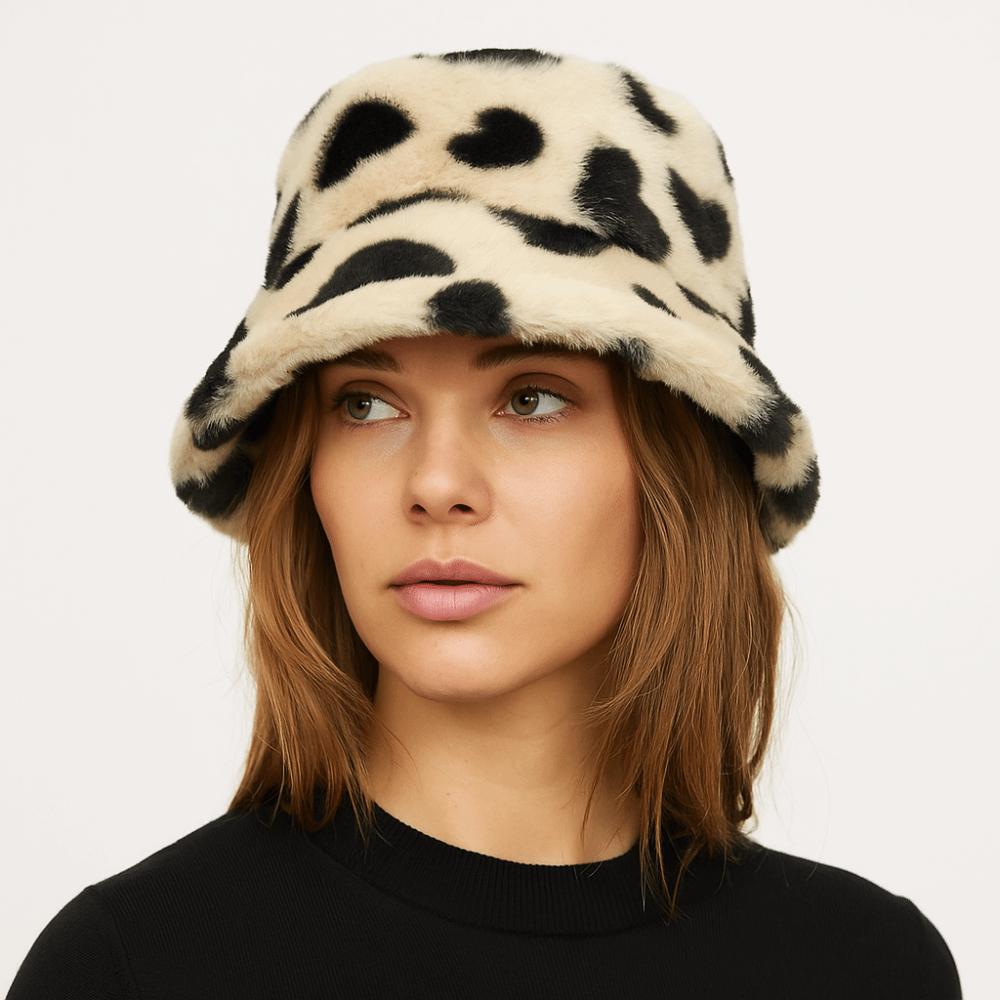 Fluffy Love Heart Bucket Hat Thicken Winter Plush Hat Casual Plush Fisherman Hat Girl