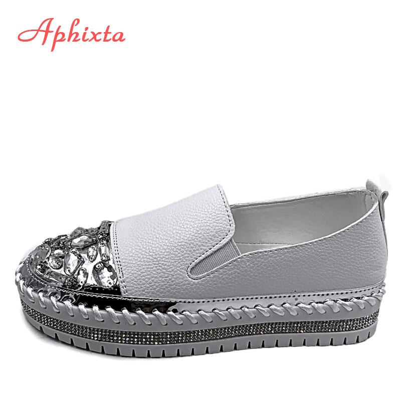 Fashion Aphixta Rhineston Round Toe Leather Flats Shoes Women White Bling Loafers Couple Platform Shoes Woman Chunky Sole Size 43