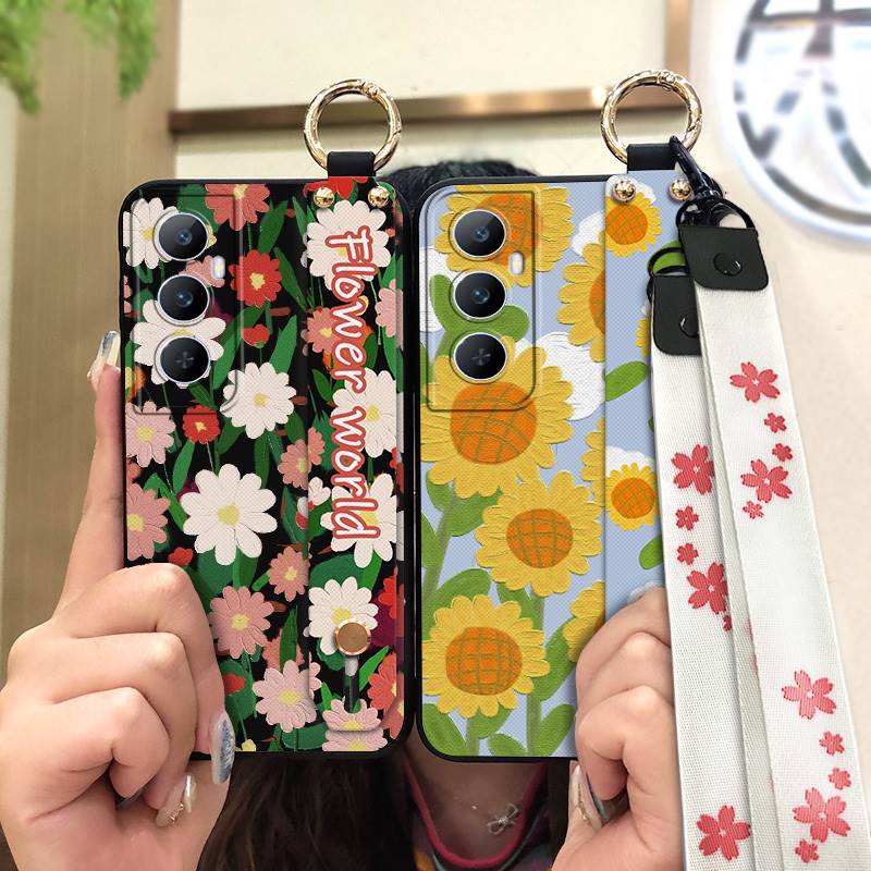Phone Holder Durable Phone Case For Realme C65 Oil Painting Anti-dust Flower Silicone Shockproof Wristband Waterproof