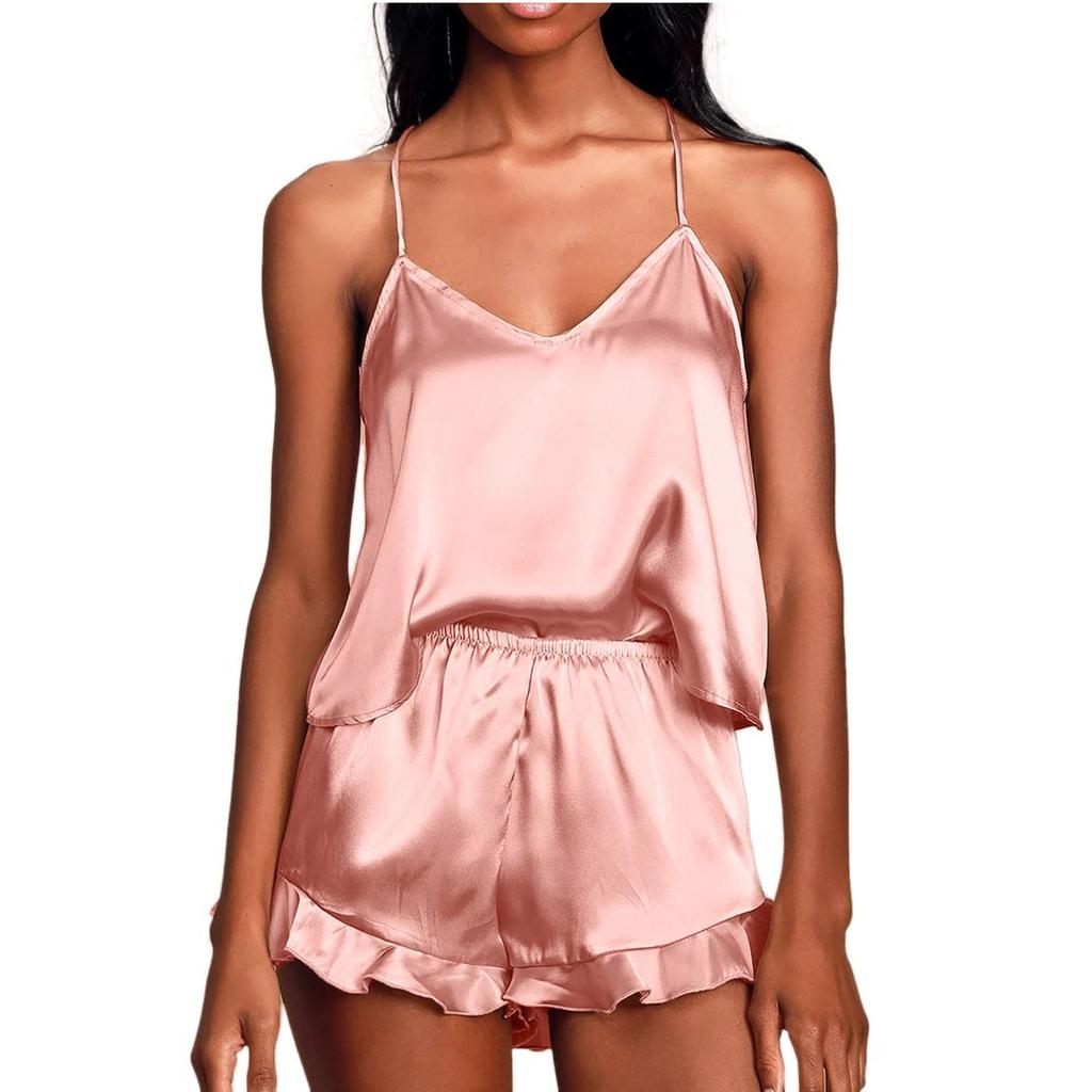 Женская мода, сексуальные однотонные атласные пижамы на подтяжках из двух частей, одежда для сна