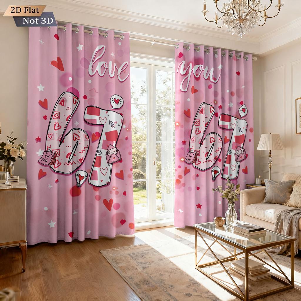 2pcs Valentine's Day Pink Love 67 Element Print Blackout Perforated Curtain Multi Size Living Room Bedroom Insulation Decoration