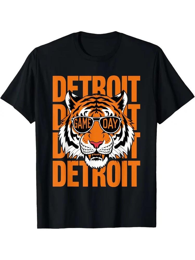 Vintage Detroit Game Day Graphic Cotton T-ShirtBlack with Orange Tiger Design Unisex T-Shirt