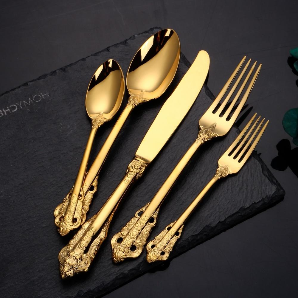 Gorgeous Gold-Plated Cutlery Set 5/10/15/20/25/30 PCS Luxury Stainless Steel Flatware Set Baroque Hollow Handle Dinner 4