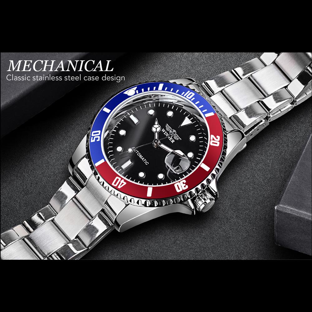 WINNER Top Men's Watch Automatic Mechanical Ribbon Calendar Water Ghost Series Watch Silver Stainless Steel Waterproof Luminous