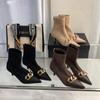 Мода 2024 Новые поступления Женские ботильоны Chelsea Botas Тонкие средние каблуки Металлическая цепочка Размер 35-40 Осень Зима Носки Botas Размер 35-40