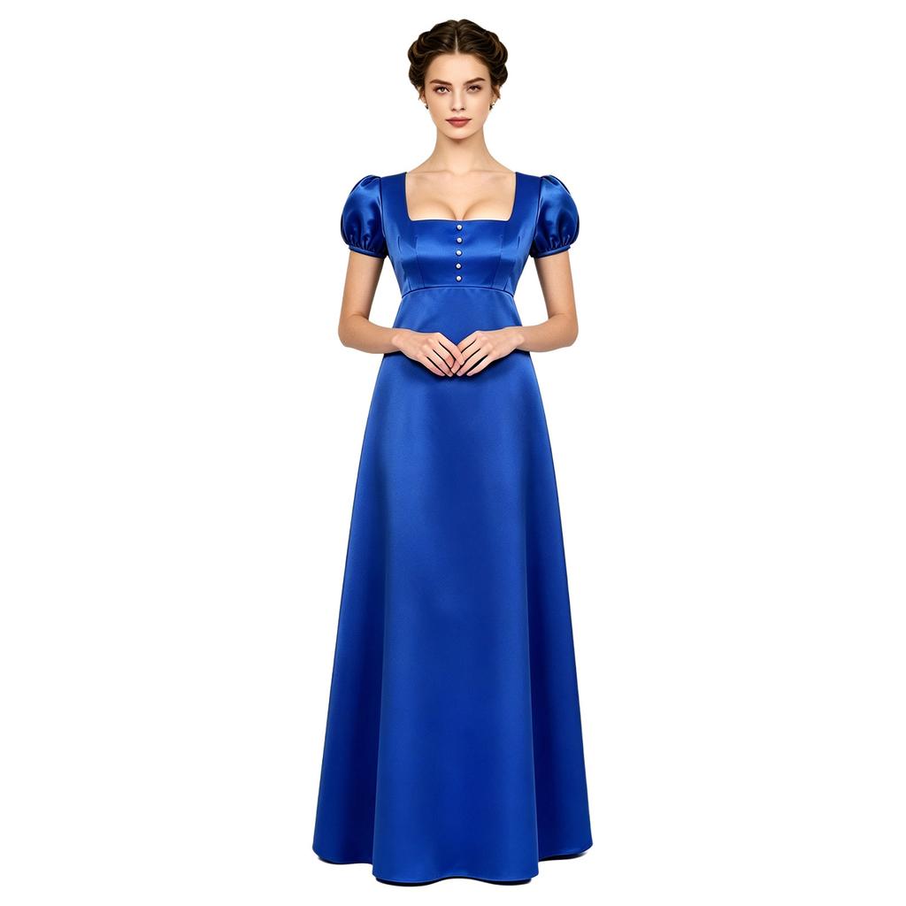 Women Party Formal Dress Retro Regency Square Neck Faux Pearl Decor Puff Sleeve Empire Waist Satin Maxi Gown Back Button