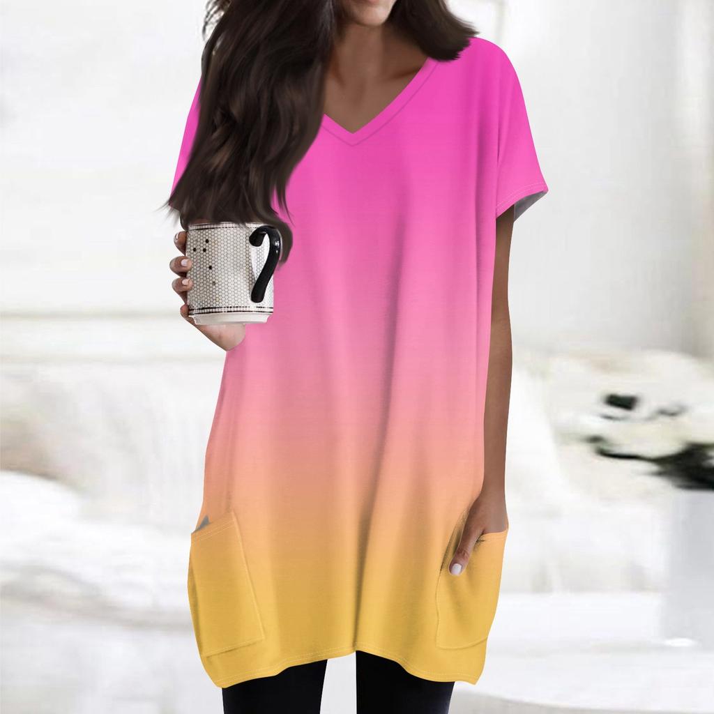 Женские топы с V-образным вырезом, блузки с коротким рукавом, повседневные рубашки средней длины, модные туники с принтом и карманами