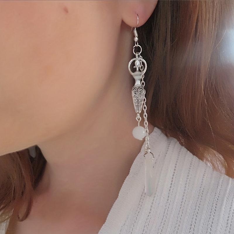 Angel Halo Goddess Chain Design With Natural Stone Decor Dangle Earrings Alloy Jewelry Elegant Style Reiki Energy Accessories