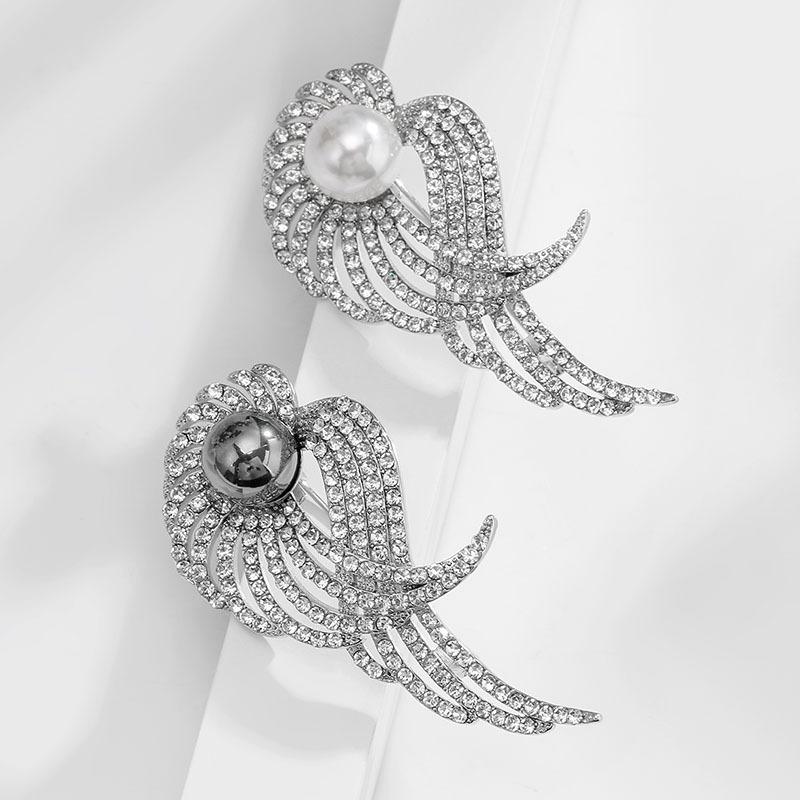 Winged Couple Pearl Brooch Japanese and Korean Style Alloy Diamond-encrusted Wing Brooch