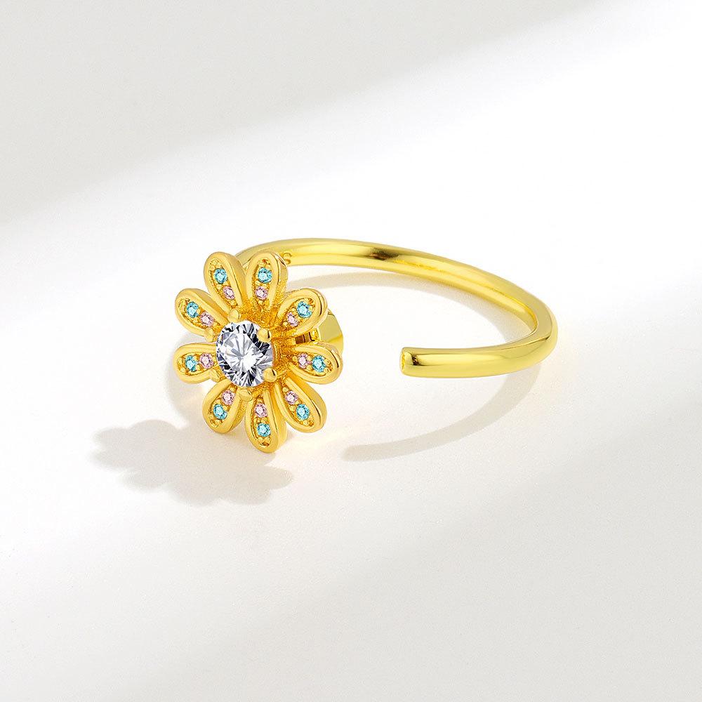 Adjustable Open Rotating Zircon Flower Ring For Women Elegant Temperament Finger Ring