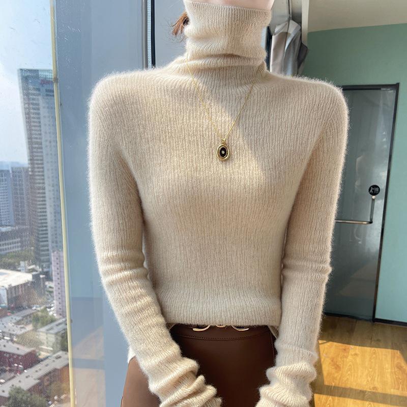 Women's Seamless High Neck Ribbed Knit Wool Sweater - Slim Fit, Textured Base Layer Pullover