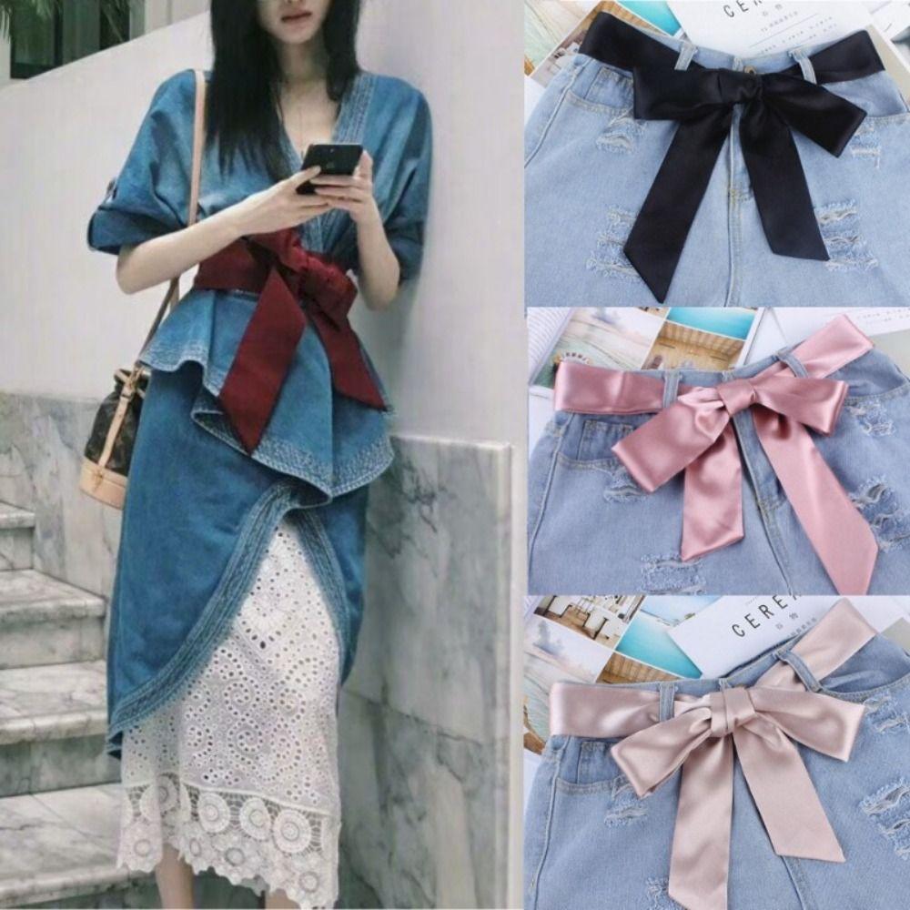 Waistbands Silk Scarf Solid Color Ribbon Knot Rope Fashion Long Scarf Ladies