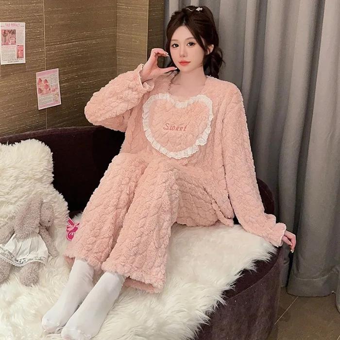Женский зимний теплый пижамный комплект из кораллового флиса, топ с длинными рукавами и штаны, пижамный комплект из мягкой фланели, домашняя одежда, куртка
