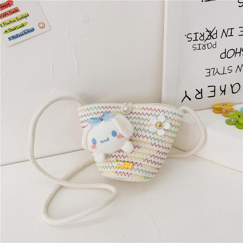 Adorable Korean Style Cartoon Woven Children's Bag With Bowknot And Floral Design