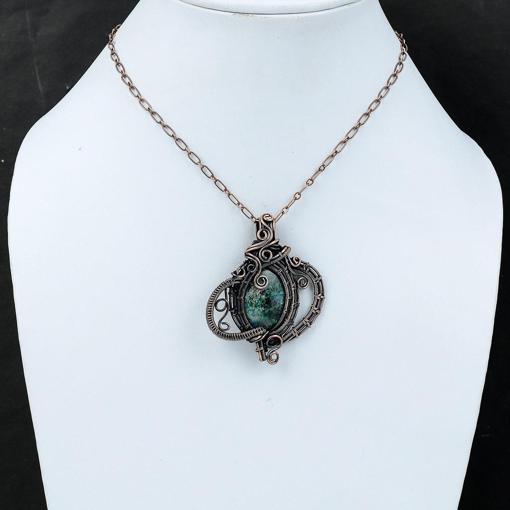 Кулон из хризоколлы, кулон из медной проволоки, кулон с драгоценным камнем, красивые медные украшения, кулон ручной работы, ювелирный подарок для мамы
